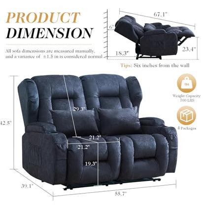 Loveseat Recliner Sofa,RV Wall Hugger Recliners for Small Spaces,Reclining Loveseat Sofa Recliner with Cup Holders/Lumbar Pillows,RV Furniture (Blue,56" 2-Seater) - color: Blue, size: 56" 2-Seater