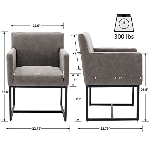 Faux Leather Upholstered Dining Chairs with Arms Set of 2, Mid Century Modern Padded Kitchen Chair with Black Metal Frame for Restaurant, Dining Room, Grey - color: Grey