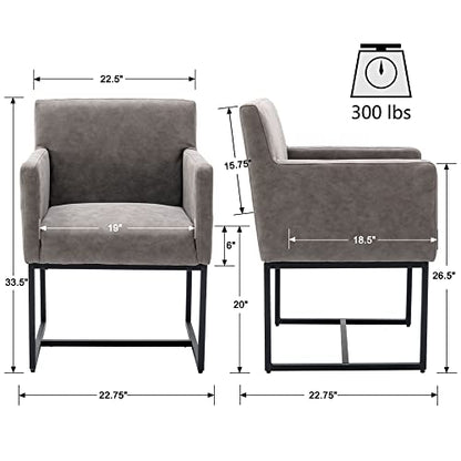Faux Leather Upholstered Dining Chairs with Arms Set of 2, Mid Century Modern Padded Kitchen Chair with Black Metal Frame for Restaurant, Dining Room, Grey - color: Grey