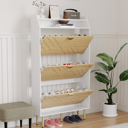 Garvee Shoe Cabinet with 3 Flip Drawers, Hidden Shoe Storage Cabinet with Shelf, Slim Wood Shoe Organizer for Hallway and Entryway, White