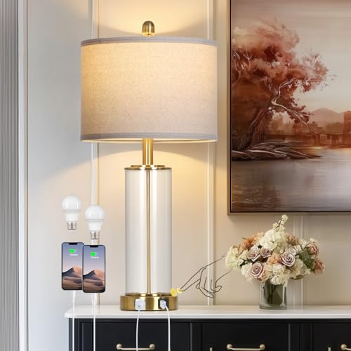 Ruzectt 26" Glass Table Lamp Single, 3-Way Dimmable Touch Control Living Room Lamp with USB C+A Ports & AC Outlet, Modern Bedside Lamps, Bedroom Lamps for Nightstand Side End Table Desk, Gold-1PK - color: Gold-1PK