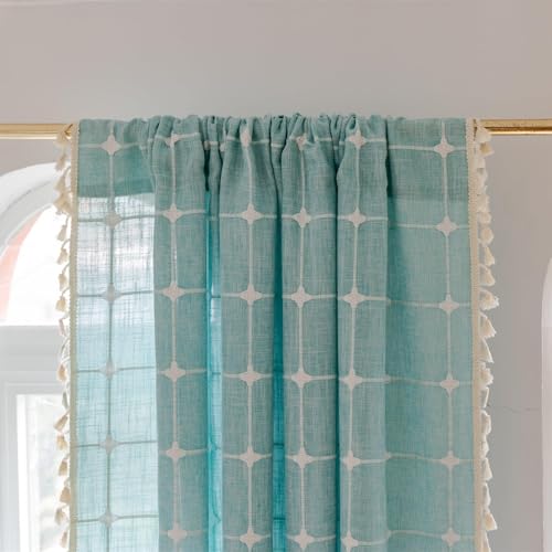Deeprove Boho Plaid Curtains 63 inch for Home Office Kitchen Nursery Playroom, Semi Blackout Farmhouse Tassels Window Treatment Bohemian Embroidery Drape Rod Pocket 1 Panel 52" W x 63" L, Aqua - color: Aqua, size: 52"W x 63"L (Pack of 1)