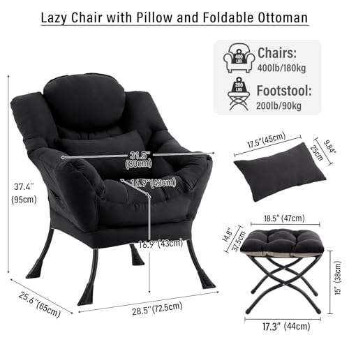 Lazy Chair with Ottoman, Reading Chair with Lumbar Pillow， Black | Comfy Accent Lounge Chair with Pillow & folding Foot Stool, sturdy metal frame for bedroom, dorm or apartment, Living Room - color: Black