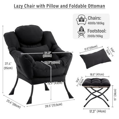 Lazy Chair with Ottoman, Reading Chair with Lumbar Pillow， Black | Comfy Accent Lounge Chair with Pillow & folding Foot Stool, sturdy metal frame for bedroom, dorm or apartment, Living Room - color: Black