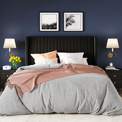 Allewie Queen Size Velvet Bed Frame/Vertical Channel Tufted Wingback Headboard/Upholstered Platform Bed/Strong Wooden Slats/No Box Spring Needed/Easy Assembly/Black - color: Black, size: Queen