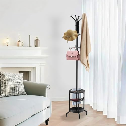 Coat Rack with Umbrella Holder, Coat Rack Freestanding | Metal Coat Tree with 12 Hooks, Coat Hanger Stand for Entryway, Umbrella Coat Rack for Bedroom, Living Room & Office