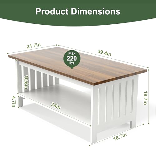 39.4" Farmhouse Coffee Table, Small Coffee Tables for Living Room | White, 2 Tier Coffee Table with Storage, Tea Table for Living Room Bedroom Small Space - color: White