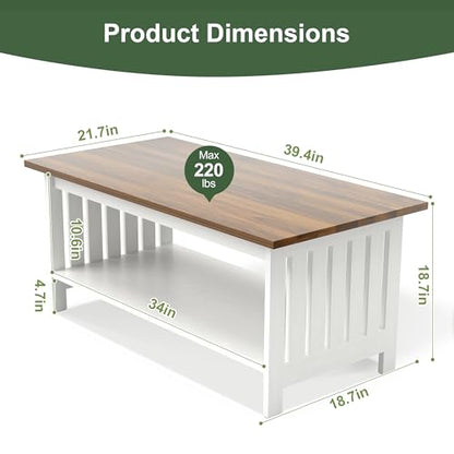 39.4" Farmhouse Coffee Table, Small Coffee Tables for Living Room | White, 2 Tier Coffee Table with Storage, Tea Table for Living Room Bedroom Small Space - color: White
