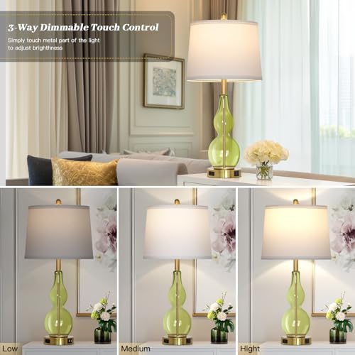 Rinweey 27.5" Green Glass Double Gourd Table Lamp Set of 2,3-Way Dimmable Touch Control Bedside Lamps with USB Ports and AC Outlet, Nautical Nightstand Lamps for Bedroom Living Room - color: Green