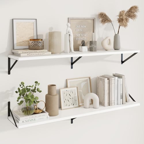 Deep Floating Shelves, 48'' x 10'' White Wall Shelves Set of 2 | 10 Inch Deep Shelves with Heavy Duty Brackets, Rustic Wood Shelves for Bathroom Living Room, Engineered Wood, 50LBS - color: White, size: 48W x 10D