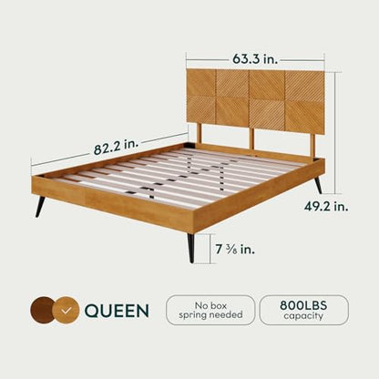 Bme Rhombus Queen Bed Frame – Solid Rubber Wood with Geometric Rhombus Headboard, Teak Brown Finish, Scandinavian Modern Platform Bed with Sturdy Slats & Metal Legs, No Box Spring Needed - color: Teak Brown, size: Queen, style: Scandinavian