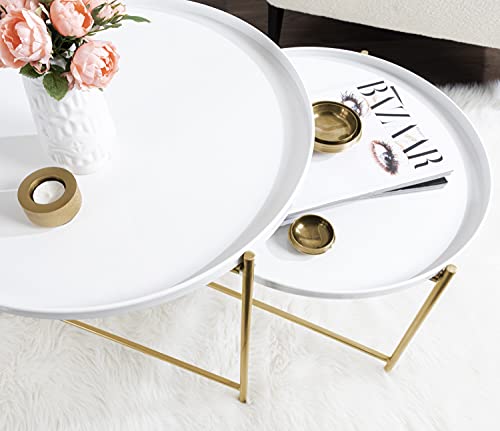 Kate and Laurel Ulani Modern Nesting Coffee Table, Set of 2, White and Gold, Glam Coffee Table Set for Storage and Display - color: White/Gold