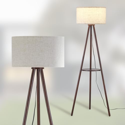 BTP Wood Tripod Floor Lamp for Living Room, 3 Color Temparature LED Bulb Included, Mid Century Modern Wooden Shelf Floor lamp with Linen Shade for Bedroom, Office, Walnut Wood Color - color: FSC Dark Brown Wood and Linen Shade