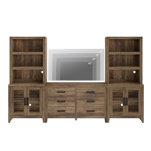 WAMPAT Farmhouse Entertainment Center with Bookshelves, TV Stand Set with Glass Doors & 6 Drawers, Wood Media Console for Living Room, Bedroom, Brown - color: Brown