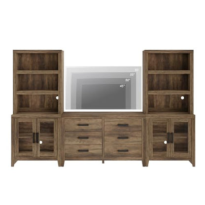 WAMPAT Farmhouse Entertainment Center with Bookshelves, TV Stand Set with Glass Doors & 6 Drawers, Wood Media Console for Living Room, Bedroom, Brown - color: Brown