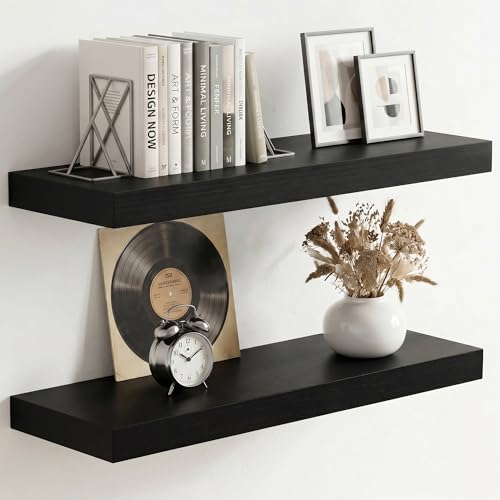 fuqing 20 Inch Floating Shelves, 6.7 Inch Deep Black Wall Shelves Set of 2 | 20'' x 6.7'' x 1.4'' Black Wood Shelves for Bathroom, Living Room, 35LBS, Lightweight, Hardware Included, Waterproof Finish - color: Black, size: 20 Inch