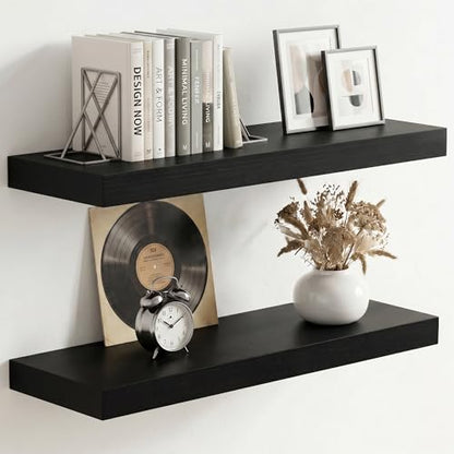 fuqing 20 Inch Floating Shelves, 6.7 Inch Deep Black Wall Shelves Set of 2 | 20'' x 6.7'' x 1.4'' Black Wood Shelves for Bathroom, Living Room, 35LBS, Lightweight, Hardware Included, Waterproof Finish - color: Black, size: 20 Inch