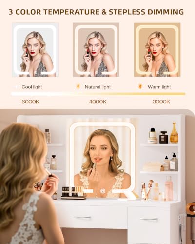 LIVELYGLOW 43" Large White Makeup Vanity Desk with Charging Station | Smart LED Mirror, Hairdryer Holder, 7 Drawers, 4 Shelves - color: White