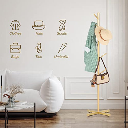 ZOZOE Coat Rack with 8 Hooks, Golden Adjustable Coat Rack Stand | Heavy Duty Coat Rack Freestand,Modern Coat Stand,Metal Clothes Tree Stand for Coats Bags Hats in Hallway Entryway - color: Golden