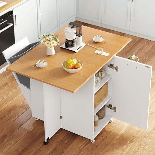 YITAHOME Kitchen Island with Drop Leaf, Folding Extendable Dining Table with Power Outlet, Space Saving Mobile Storage Islands with Trash Can Cabinet Fit 10-Gal Garbage Bin, Yellow Oak - color: Wihte Oak, size: 2 Sides Drop Leaf