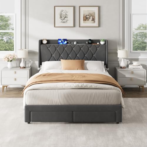 Garvee Full Size Bed Frame with Storage, Velvet Upholstered Platform Bed Frame with Crystal Tufted Headboard, Charging Station, 2 Drawers, No Box Spring Needed, Noise-Free,for Bedroom, Dark Gray | Velvet Upholstered Platform Bed Frame with Crystal Tufted