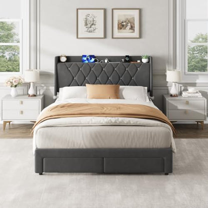 Garvee Full Size Bed Frame with Storage, Velvet Upholstered Platform Bed Frame with Crystal Tufted Headboard, Charging Station, 2 Drawers, No Box Spring Needed, Noise-Free,for Bedroom, Dark Gray | Velvet Upholstered Platform Bed Frame with Crystal Tufted