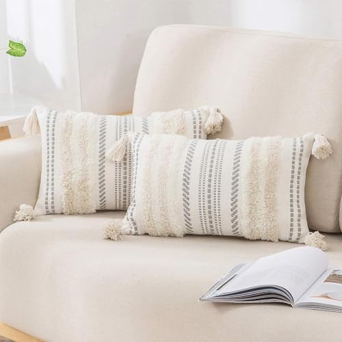 decorUhome Beige and Cream White Throw Pillow Covers 12x20 Set of 2 | Decorative Boho Lumbar Accent Neutral Tufted Modern Farmhouse Textured Pillow Covers for Couch Bed Sofa Living Room - color: Beige and Cream White, size: 20" x 12" (Pack of 2)