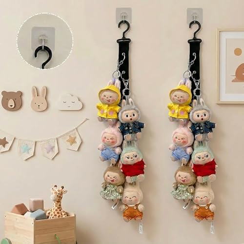 Plush Doll Hanging Storage Rope Display Rack with 8 Clips – Wall Hanging Organizer for Keychain Plushies, Mini Toys– Holds up to 3kg (Black) - color: 1 PCS Black