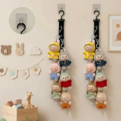 Plush Doll Hanging Storage Rope Display Rack with 8 Clips – Wall Hanging Organizer for Keychain Plushies, Mini Toys– Holds up to 3kg (Black) - color: 1 PCS Black