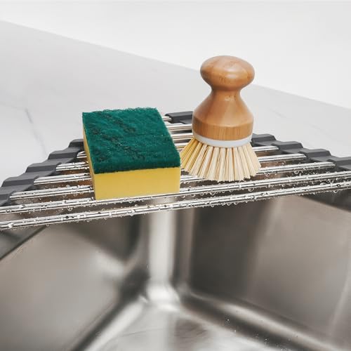 Tomorotec Triangle Roll Up Dish Drying Rack 304 Stainless Steel Dark Gray | BPA-Free Food-Grade Silicone Edges Foldable Waterproof Rustproof Heavy-Duty Space Saver Heat Resistant to 550°F - color: Dark Gray