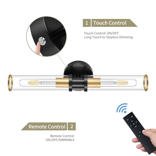 Rayogale Black & Gold Wireless Battery Operated Wall Sconces with Remote | Glass Rechargeable Wall Lights Set of 2 with Timer Function Dimmable for Living Room Bedroom Emergency 3000K, 20.5 Inch - color: Black Gold(Clear Tubular Lampshade)