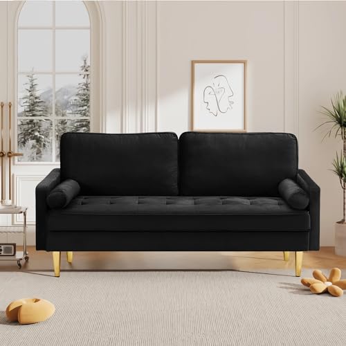 67" Modern Velvet Loveseat Sofa Couch, Mid-Century Tufted Upholstered Small Love Seat Couch with 2 Pillows & 4 Golden Legs, 2-Seats Couches for Compact Space, Living Room, Apartment (Black) - color: Black