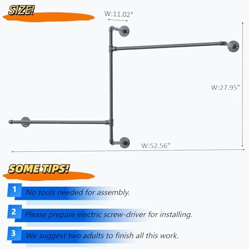Industrial Pipe Clothing Rack, Wall Clothes Rack, Hanging Rod, Garment Rack | Pipe Clothes Rails, Multi-Purpose, Heavy Duty, Space-Saving, Clothes Bar, Organizer, Closet - style: wall clothing rack-2 hanging rods