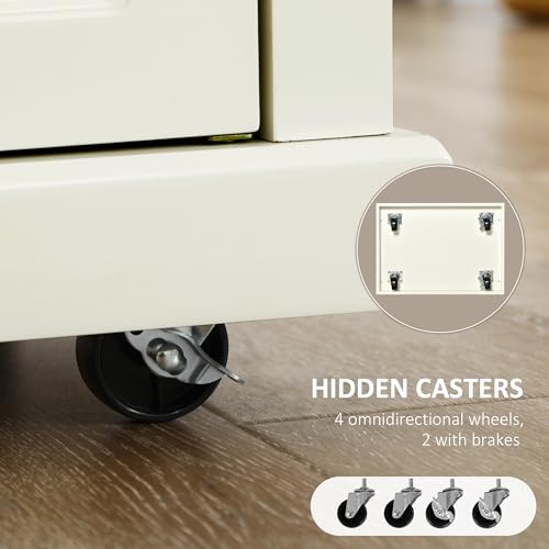 HOMCOM Rolling Kitchen Island Cart, Drawer & Adjustable Shelf, Cream White | Portable Serving Trolley Table, 2 Towel Racks - color: Cream White