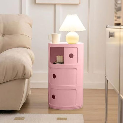 3 Tier Round Nightstand with Drawer, Pink Round Side Table Small Plastic Storage End Table for Bedroom, Living Room, Bathroom - color: Pink