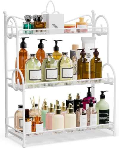 YIUKEA Bathroom Counter Organizer - Spice Rack Countertop 3 Tier Counter Shelf Organizer for Bathroom Kitchen Bedroom Foldable White - color: white