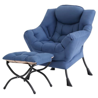 Lazy Chair with Ottoman, Comfy Reading Accent Chair, Blue | Foldable Footrest, Padded Seat and Backrest, Side Pocket for Lounging in Living Rooms, Bedrooms, Dorms and Small Spaces - color: Blue