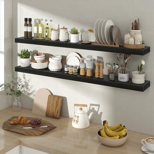 Acovy 48 Inch Floating Shelves for Wall 2 Pack, 48" Wall Shelves for Books, Storage, Decor, Wall Mounted Floating Shelf with Invisible Brackets for Kitchen, Living Room, Black - color: Black, size: 6.5"Wx48"L-2pcs