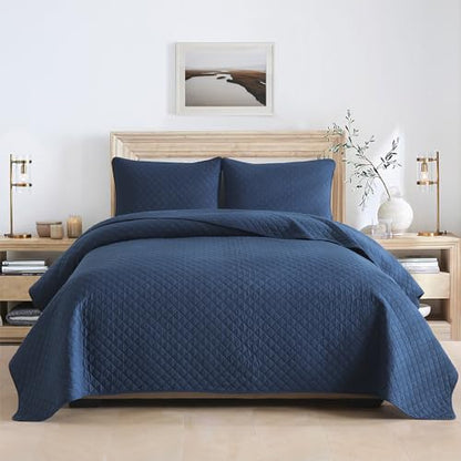 Wistown Cotton Queen Bedspread Quilt Bedding Set, Navy Blue | 3 Pieces Reversible Lightweight Soft Coverlets Comforters, All Seasons, Diamond Stitching Pattern - color: Navy Blue Diamond Pattern, size: Queen (90 by 98inch)