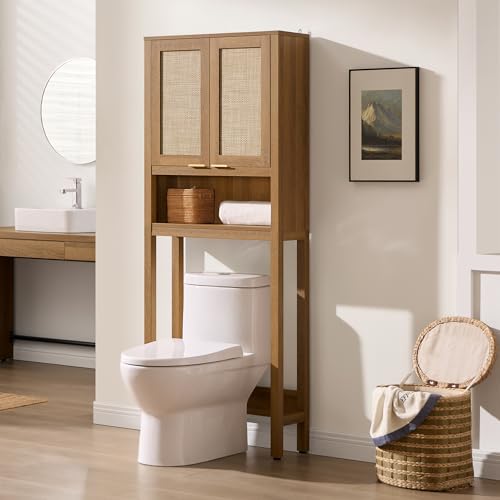 SICOTAS Over the Toilet Storage Cabinet, Rattan Door Bathroom Organizer | Freestanding Bathroom Organizer with Adjustable Shelf, Over Toilet Storage Cabinet for Bathroom, Laundry Room, dnd Restroom - color: Reclaimed Caramel Oak
