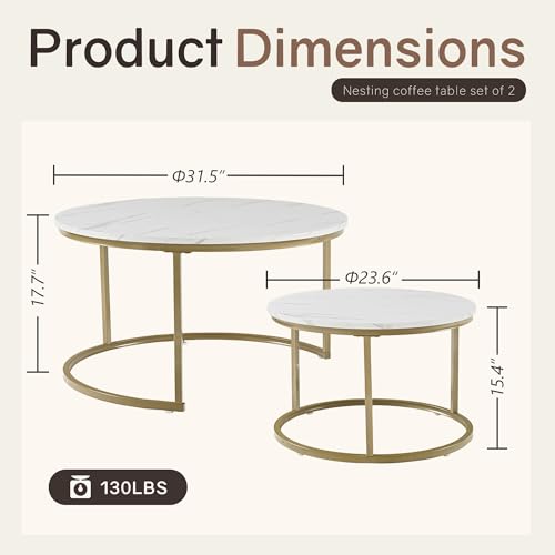 Otterease Nesting Tables Set of 2, Small Round Coffee Table for Living Room | Nesting Coffee Table with Adjustable Non-Slip Feet, White Marble Top Stack Nesting Table for Living Room, Bedroom, White - color: 31.5" Marble White