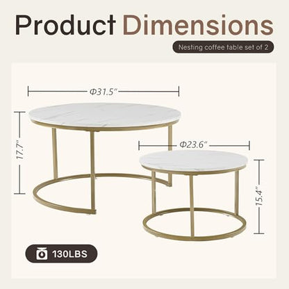 Otterease Nesting Tables Set of 2, Small Round Coffee Table for Living Room | Nesting Coffee Table with Adjustable Non-Slip Feet, White Marble Top Stack Nesting Table for Living Room, Bedroom, White - color: 31.5" Marble White