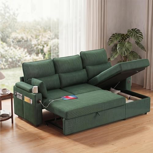 L-Sofa Bed Sleeper Pull Out with Storage Function and Two USB Ports and Cup Holder, Perfect for Small Space Modern Convertible Sofa Bed Living Room, Apartment Living Room - color: Green, size: 81'' L shape sofa