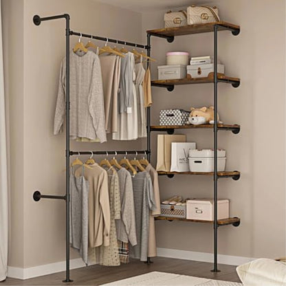 Expandable Industrial Pipe Clothes Rack,Corner Garment Rack | 2 Adjustable Rods& 5 Shelves, Heavy-Duty Iron Pipe Frame, Fits Bedroom & Laundry Room, Expands 48.4"–67.3"
