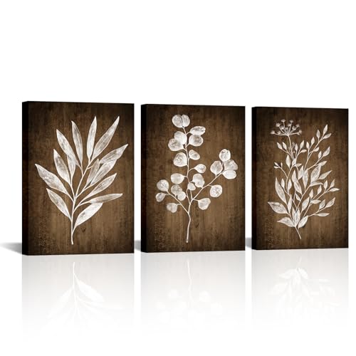 Conipit Rustic Botanical Wall Art Canvas Brown Botanical Painting Minimalist Vintage Leaf Plant Artwork Prints Framed For Living Room Bedroom Wall Decor 12''X16''X3pcs - color: brown, size: 12" x 16" (3 Panels)