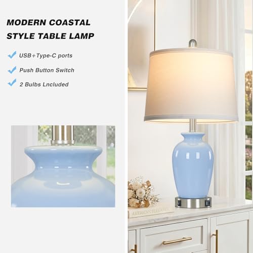 23" Light Blue Ceramic Table Lamp Set of 2 for Bedroom, Modern Bedside Lamps for Nightstand Living Room Office Dining Room SideTable - color: Light Blue