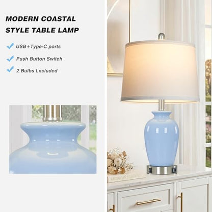23" Light Blue Ceramic Table Lamp Set of 2 for Bedroom, Modern Bedside Lamps for Nightstand Living Room Office Dining Room SideTable - color: Light Blue