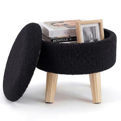 DUMOS Round Storage Ottoman with Reversible Tray Lid, Multi-Functional Footrest, Teddy Velvet Footstool with Wood Legs, Small Coffee Table for Living Room, Bedroom, Ink - color: Ink