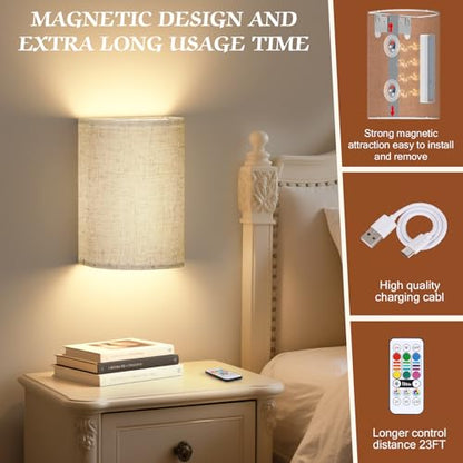 OCATO Battery Operated Wall Sconce Wireless Wall Sconces Set of Two | Rechargeable Magnetic Bulb Wall Lights Lamp Dimmable Timer with 16 RGB Fabric Linen Shade with Remote for Bedroom Living Room - color: Off-White