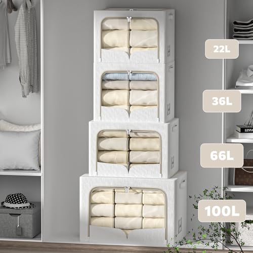 FHSQX 3 Pack Clothes Storage Bins with Metal Frame | Cream White, 23.6x16.5x15.7inch,Foldable, Stackable Linen Fabric, Carrying Handles, Clear Window - color: Cream White, size: 23.6x16.5x15.7inch(100L)